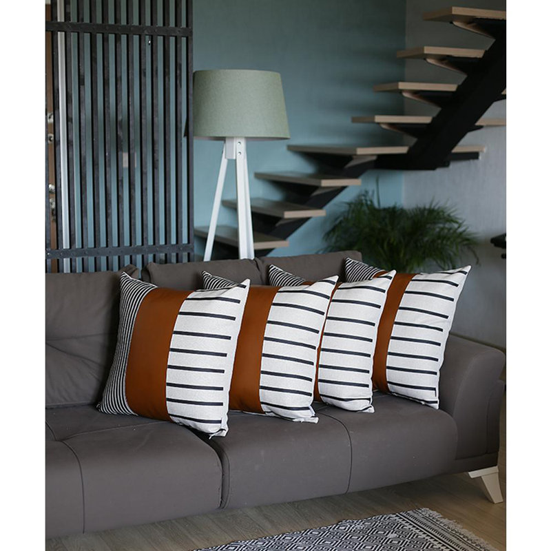 Brown and Ivory Faux Leather Striped Pillow Covers, 22" x 22", Set of 4