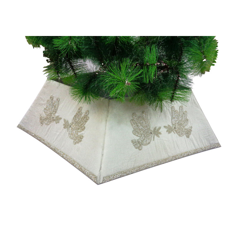 Hand Beaded White Silk Christmas Tree Collar with Silver Doves