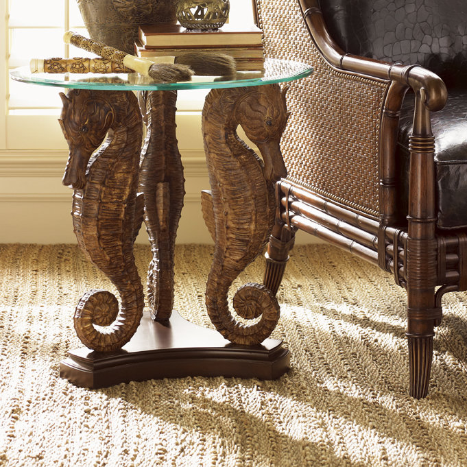 Transitional Round Wood and Glass Sea Horse Lamp Table
