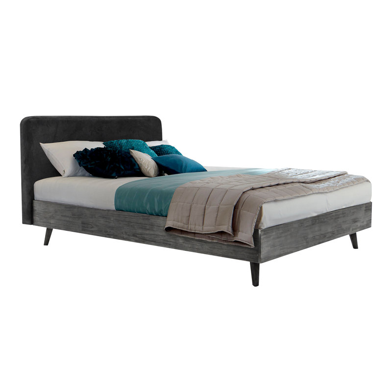 Mid-Century Modern Gray Upholstered Queen Bed with Storage Drawer