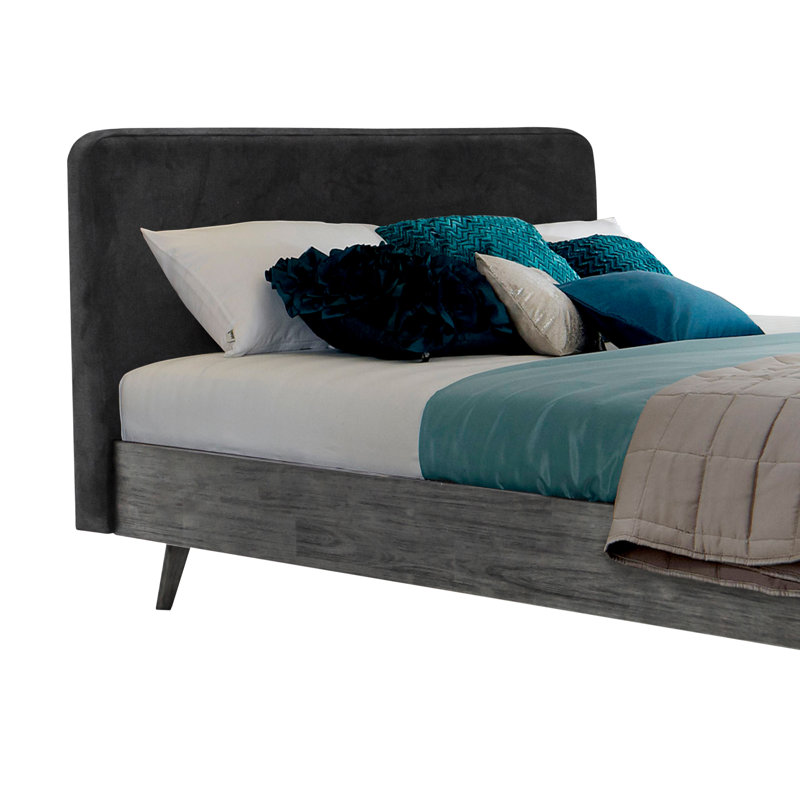 Mid-Century Modern Gray Upholstered Queen Bed with Storage Drawer