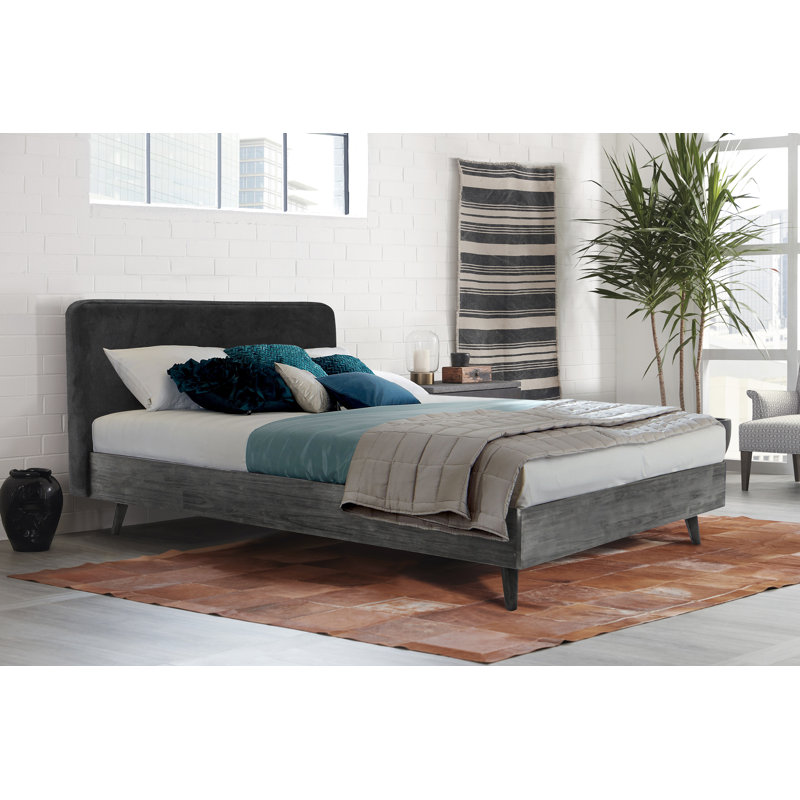 Mid-Century Modern Gray Upholstered Queen Bed with Storage Drawer