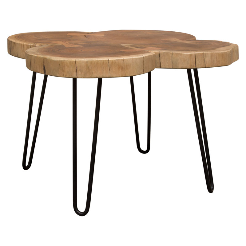 28" Square Natural Acacia & Black Metal Contemporary Coffee Table