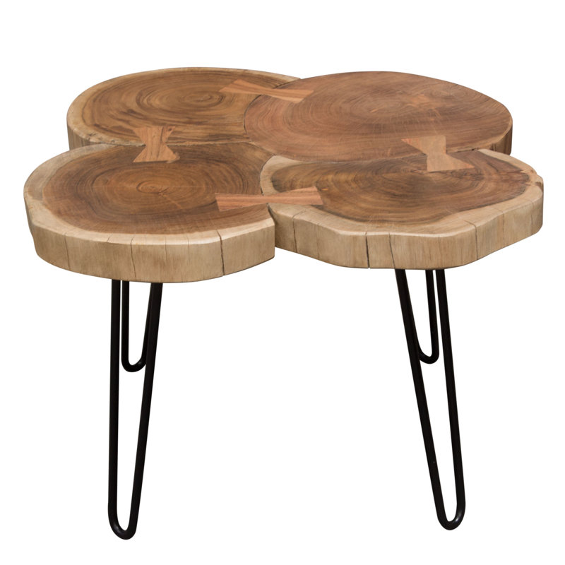 28" Square Natural Acacia & Black Metal Contemporary Coffee Table