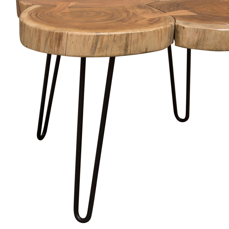 28" Square Natural Acacia & Black Metal Contemporary Coffee Table