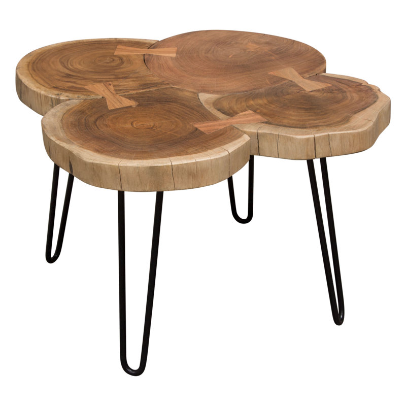 28" Square Natural Acacia & Black Metal Contemporary Coffee Table