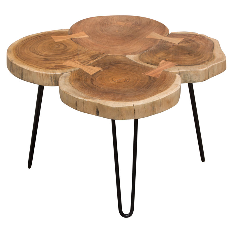 28" Square Natural Acacia & Black Metal Contemporary Coffee Table