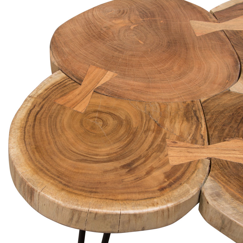 28" Square Natural Acacia & Black Metal Contemporary Coffee Table