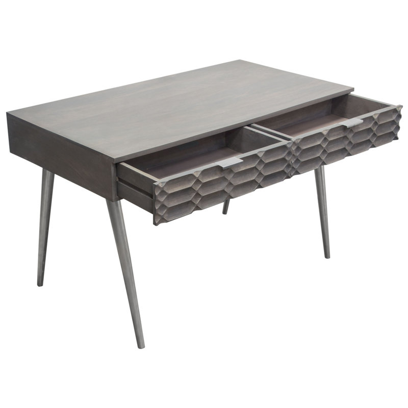 Petra Solid Mango Wood Desk with Nickel Accents, Smoke Grey