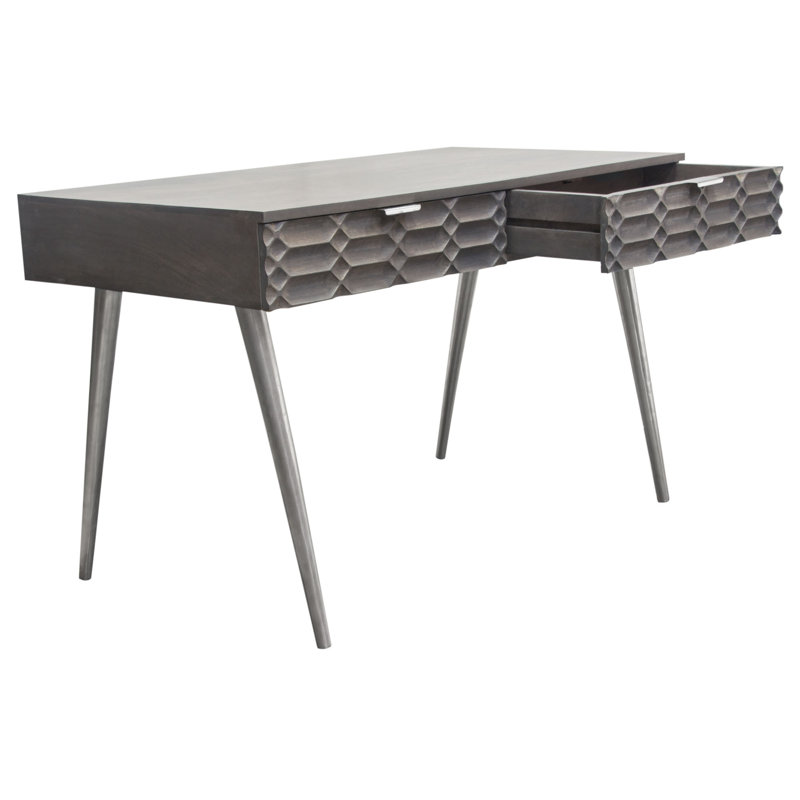 Petra Solid Mango Wood Desk with Nickel Accents, Smoke Grey