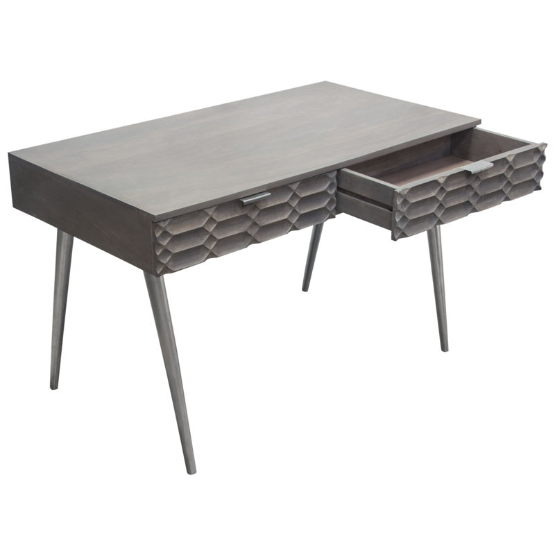 Petra Solid Mango Wood Desk with Nickel Accents, Smoke Grey