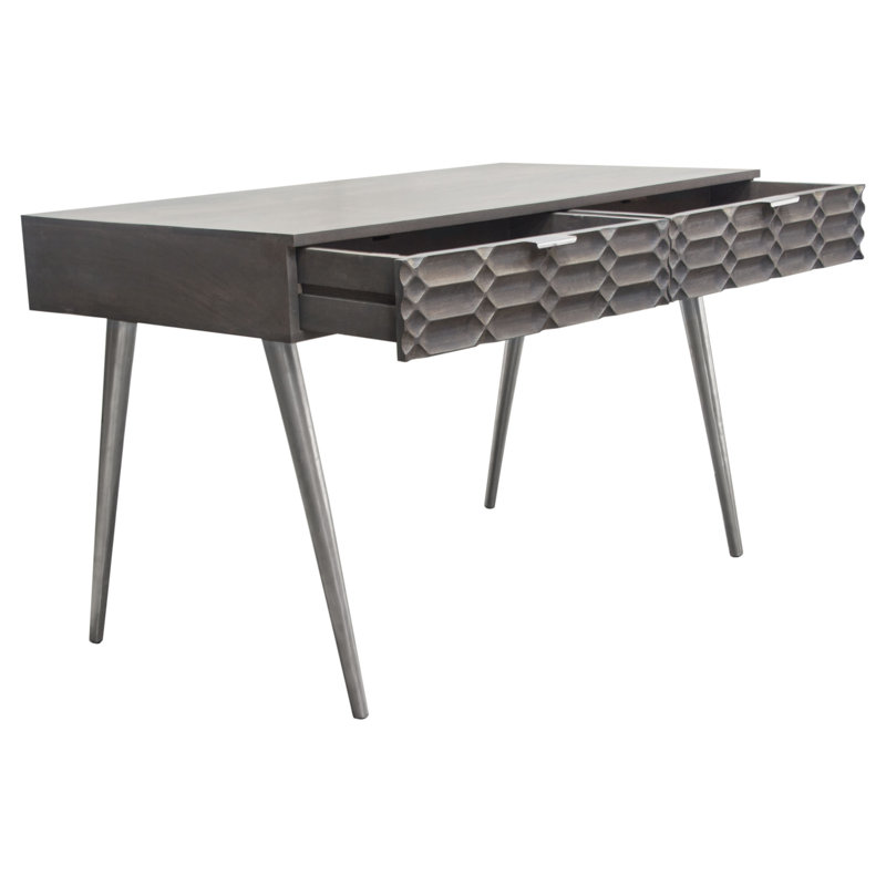 Petra Solid Mango Wood Desk with Nickel Accents, Smoke Grey