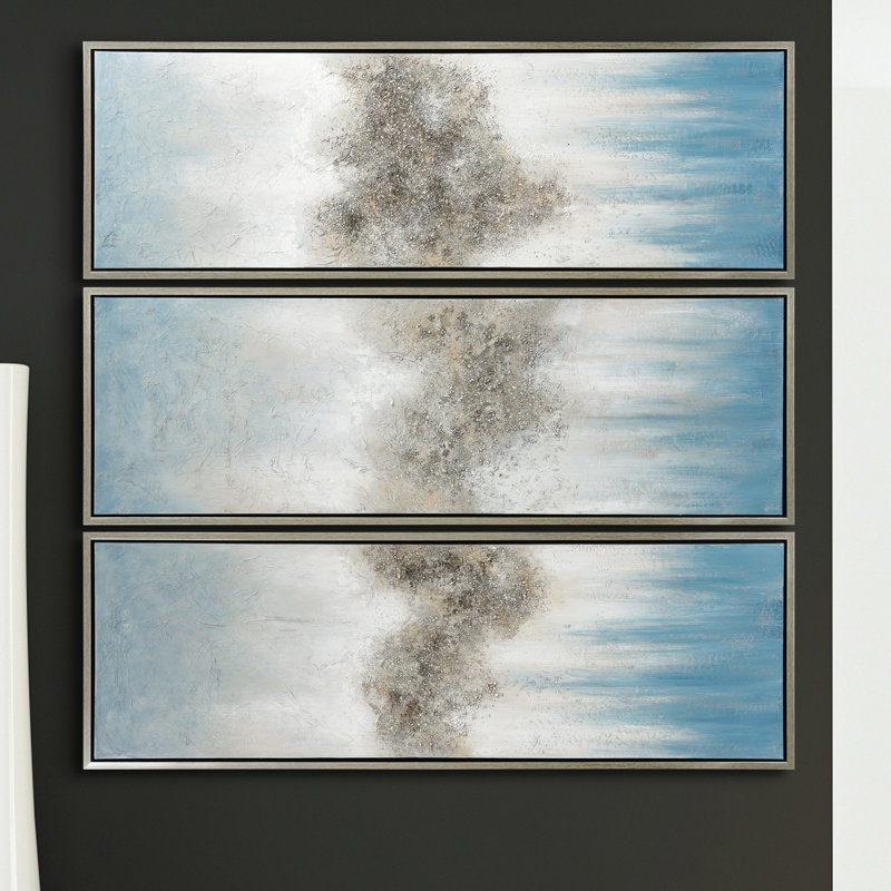 Sequence Blue and Silver Abstract Triptych Canvas Painting