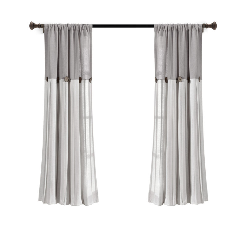 Gray and Off-White Linen Button Window Curtain Panel
