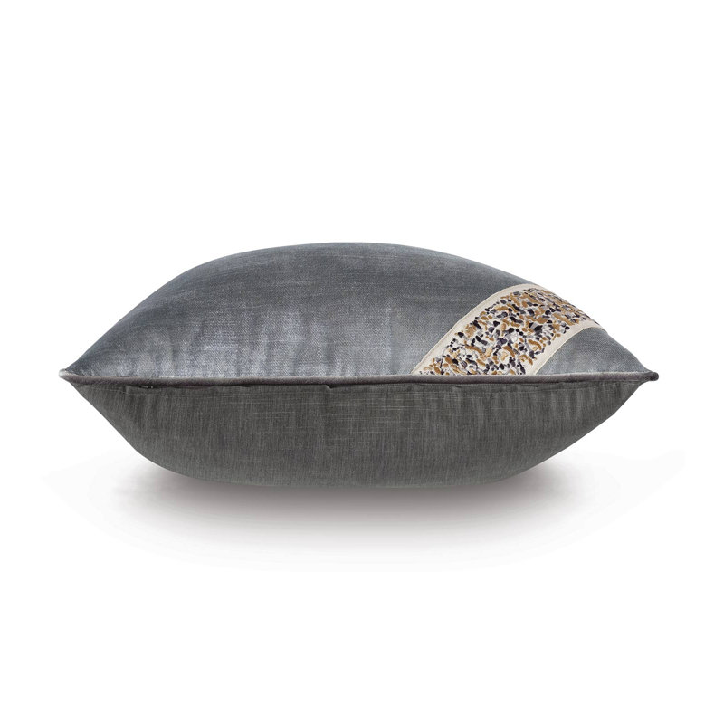 Silver Velvet Square Throw Pillow with Embroidered Border