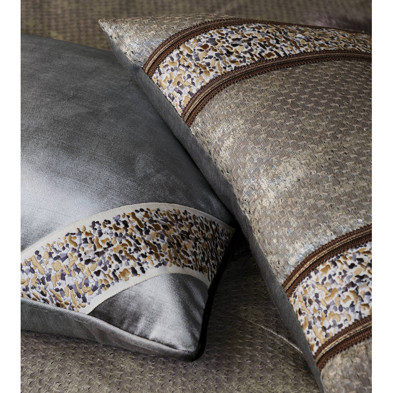 Silver Velvet Square Throw Pillow with Embroidered Border