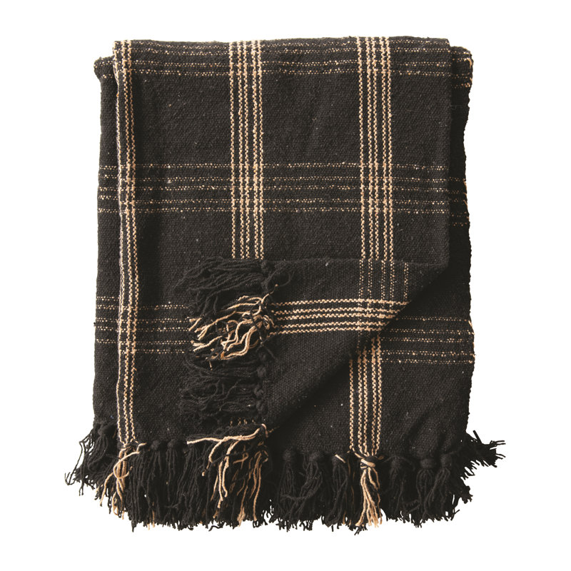 Black and Tan Hand Woven Cotton Fringed Throw Blanket