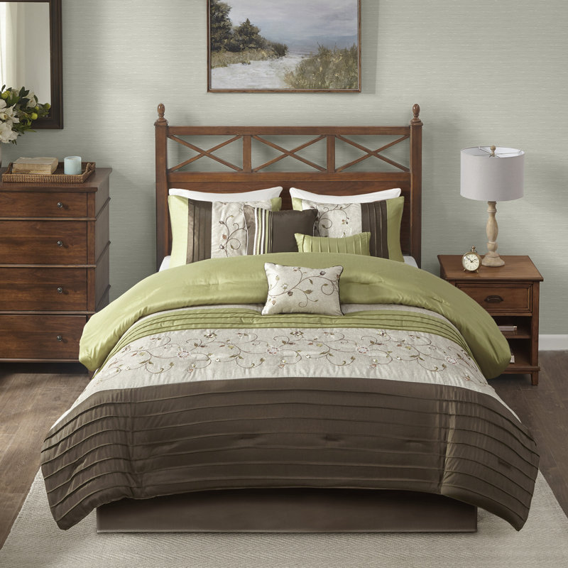 California King Green and Brown 7-Piece Embroidered Comforter Set