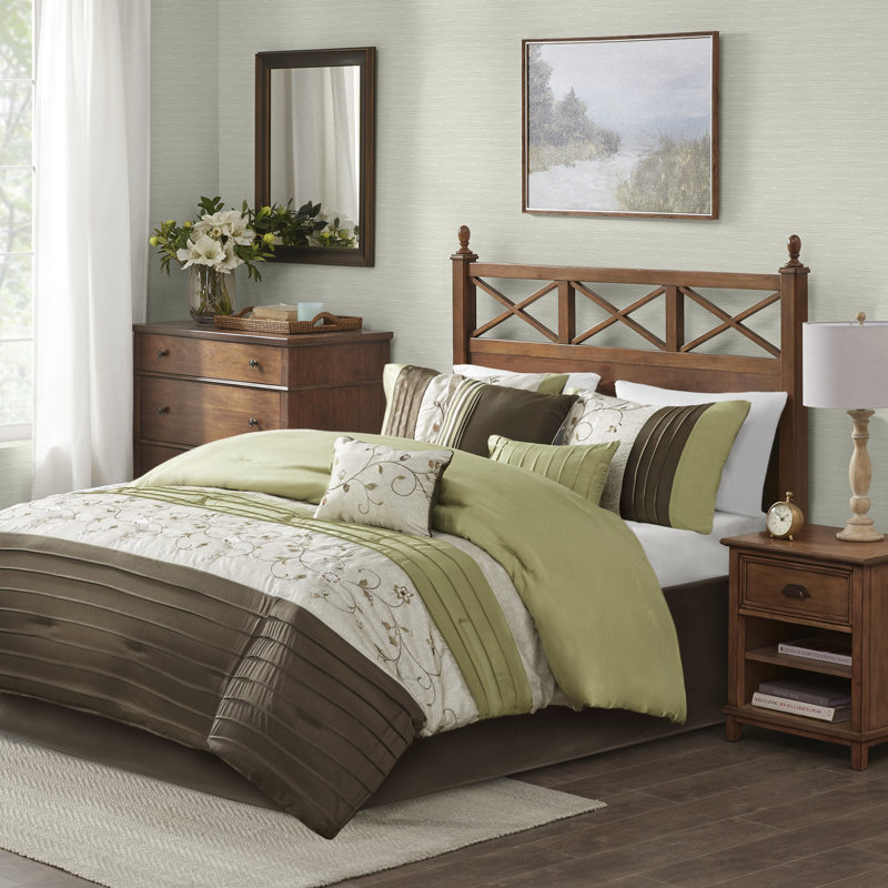 California King Green and Brown 7-Piece Embroidered Comforter Set