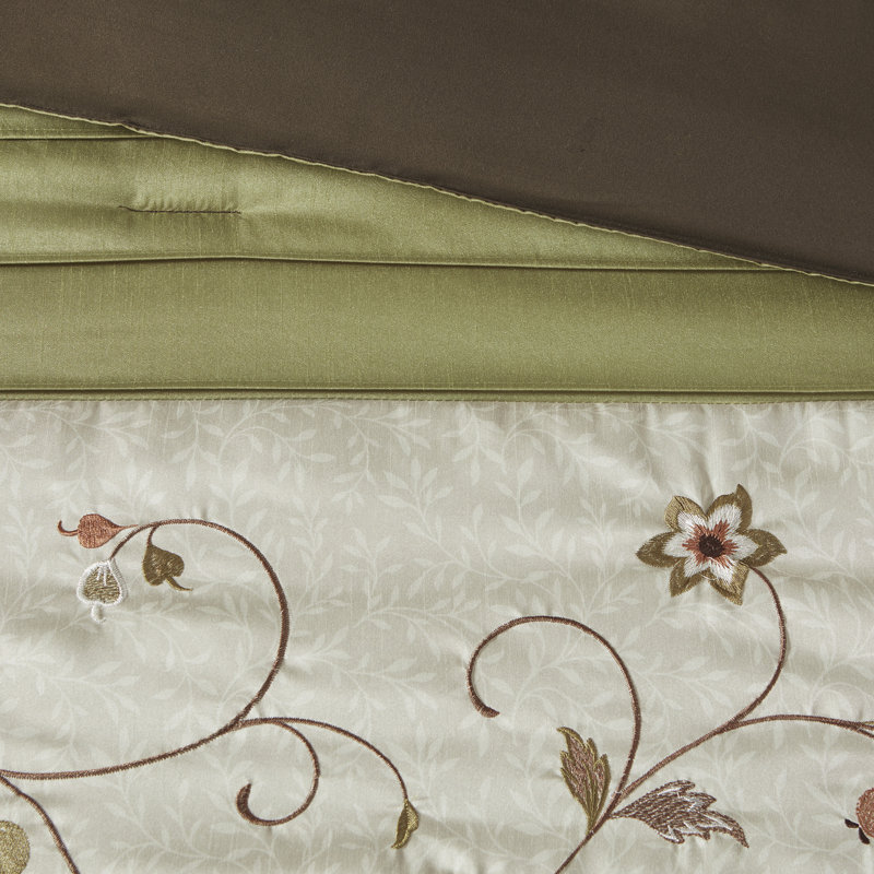 California King Green and Brown 7-Piece Embroidered Comforter Set
