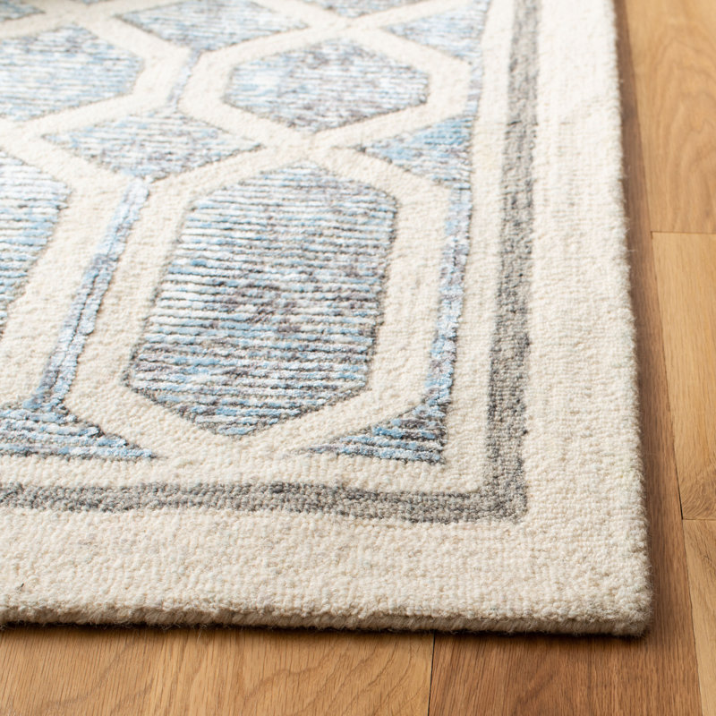 Ivory and Blue Hand-Tufted Wool Geometric Rug