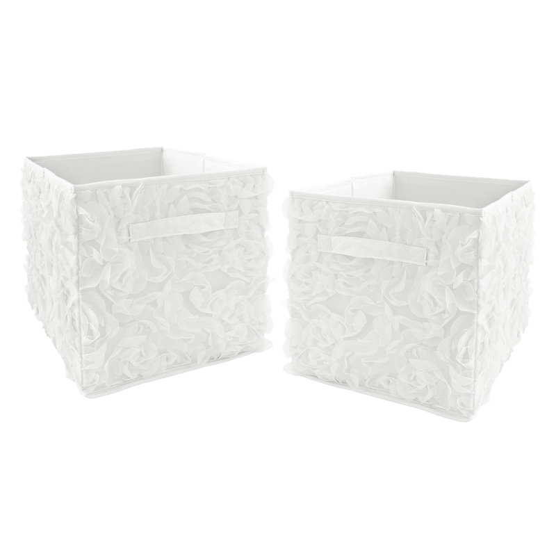 White Chiffon Rose Fabric Collapsible Storage Cubes Set