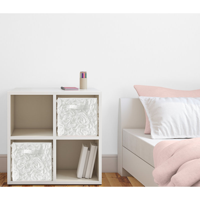 White Chiffon Rose Fabric Collapsible Storage Cubes Set