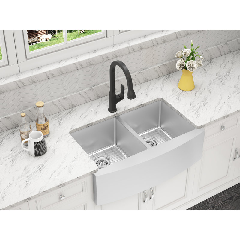 Belleville 33'' Satin Stainless Steel Farmhouse Double Bowl Sink