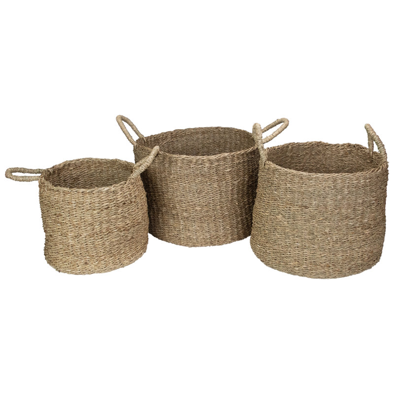 Beige Round Seagrass Storage Basket Set with Handles