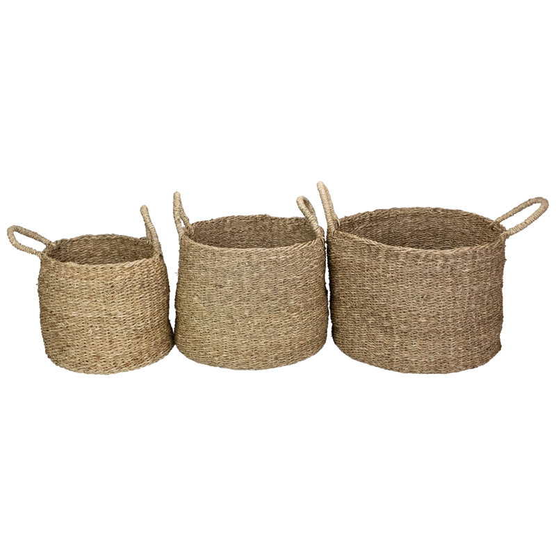 Beige Round Seagrass Storage Basket Set with Handles