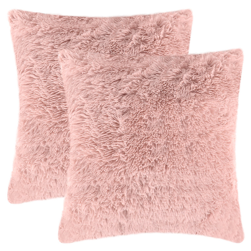 Pink Faux Fur Euro Pillowcases with Tassels, 18" x 18", Set of 2
