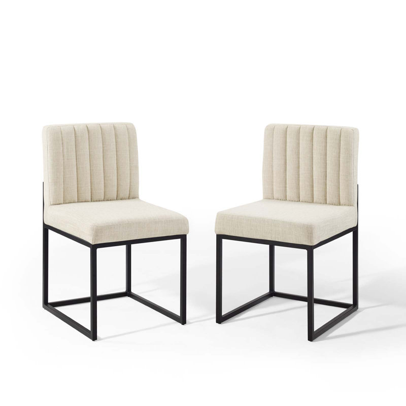 Beige Upholstered Side Chair with Black Metal Frame