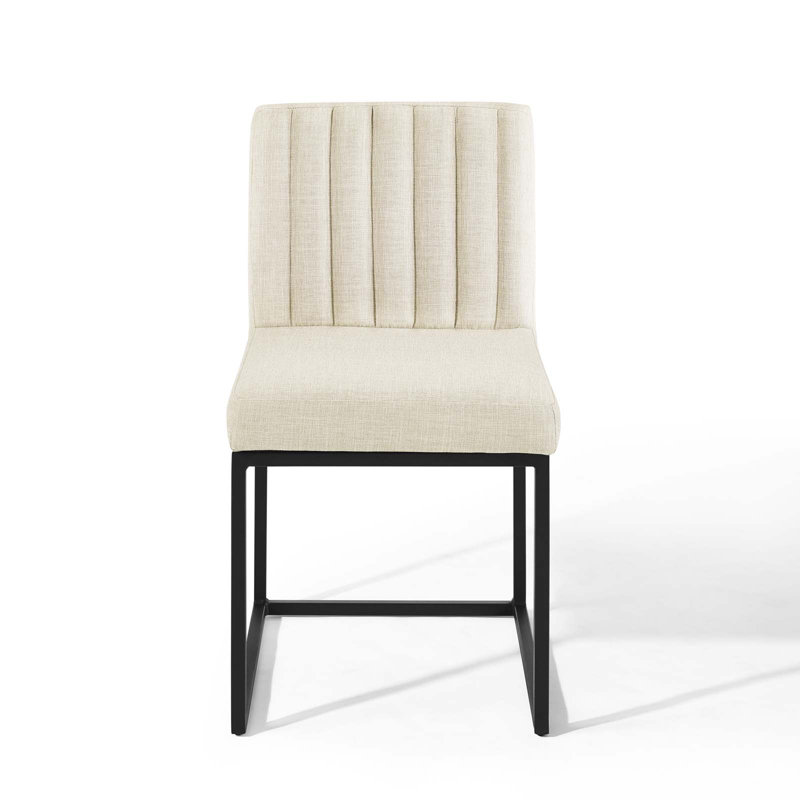 Beige Upholstered Side Chair with Black Metal Frame