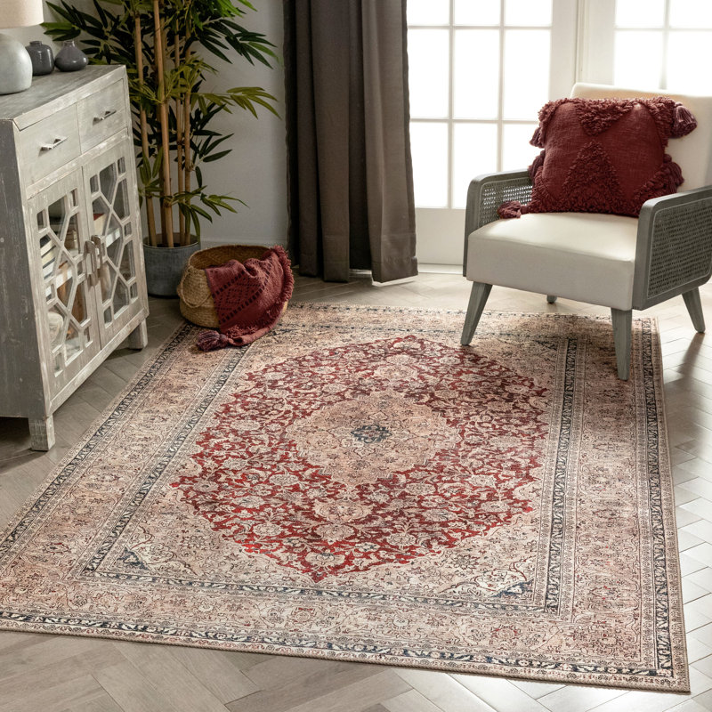 Lotus Tonti Red Vintage Medallion 7'10" x 9'10" Washable Area Rug