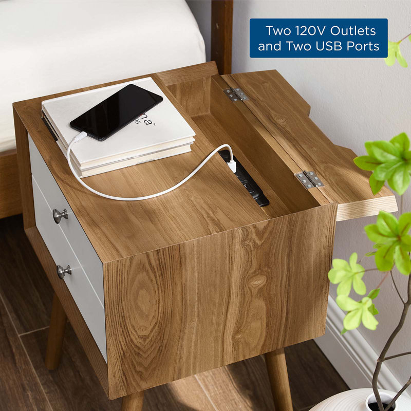Mid-Century Modern 2-Drawer Nightstand with USB Ports in Natural White