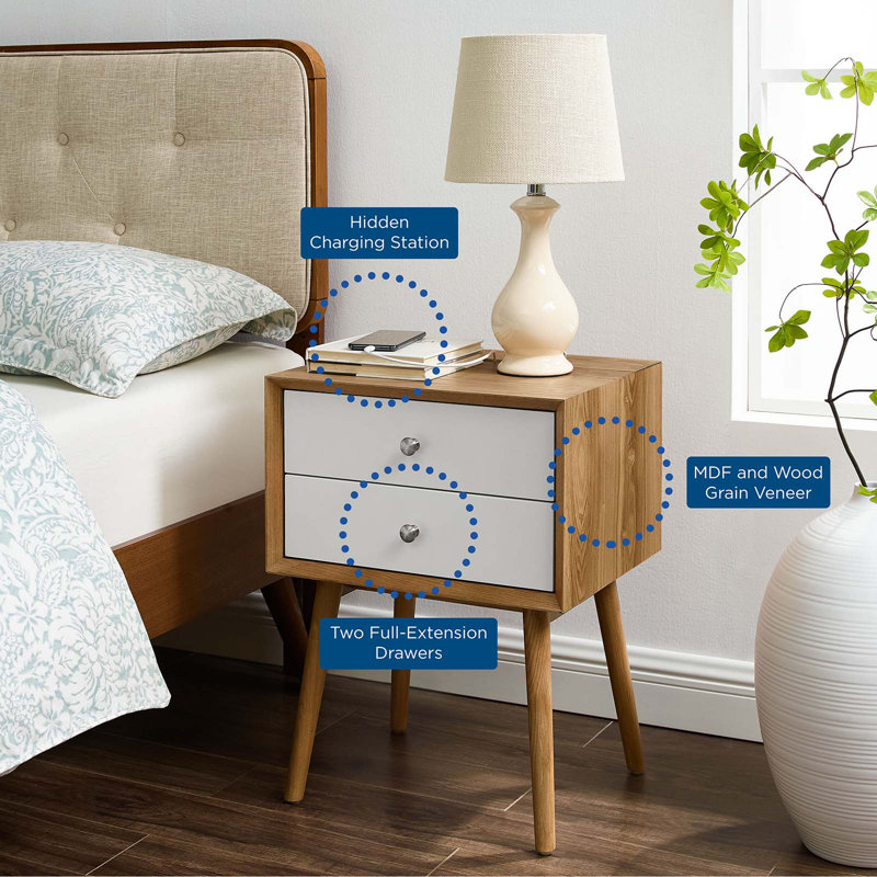 Mid-Century Modern 2-Drawer Nightstand with USB Ports in Natural White