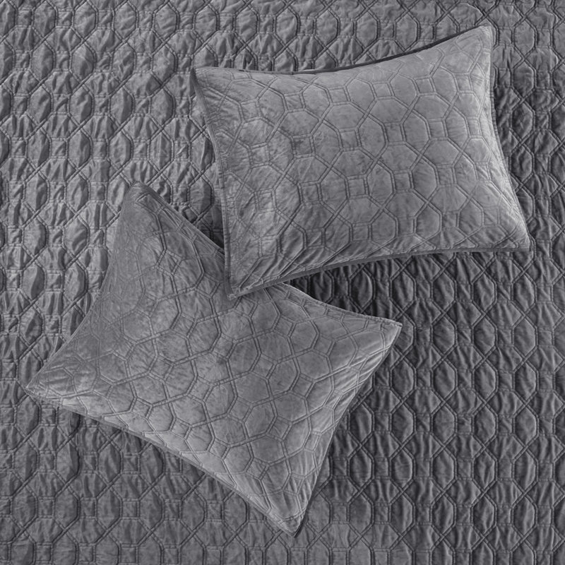 Gray King Velvet Reversible Quilt Set with Shams