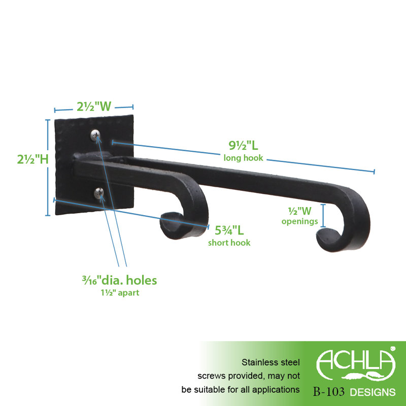 Black Wrought Iron Double Hook Wall Brackets, 9.5 in