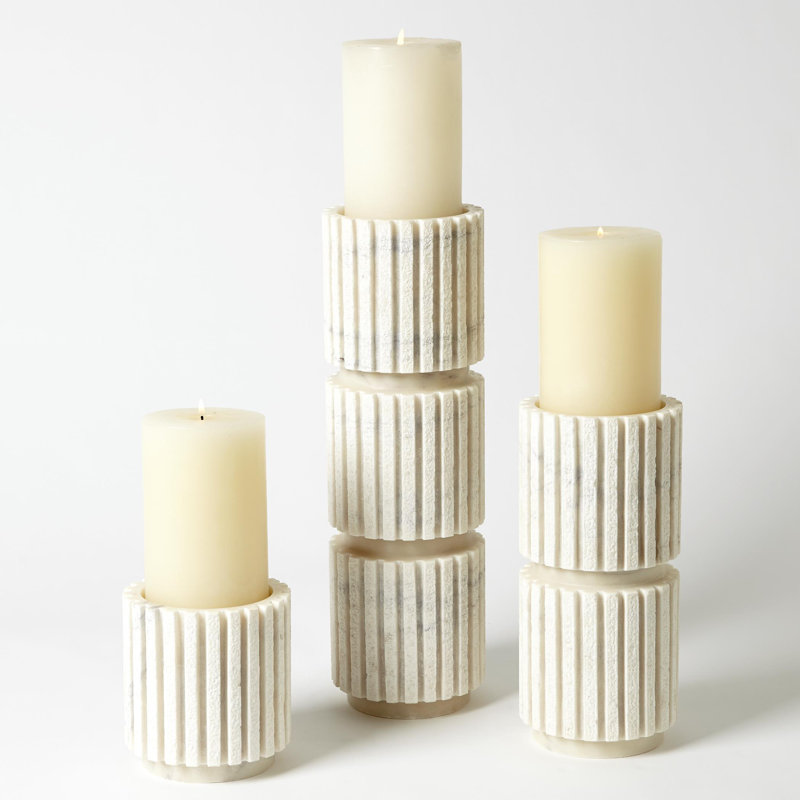 Large Hand-Carved White Marble Pillar Candle Holder