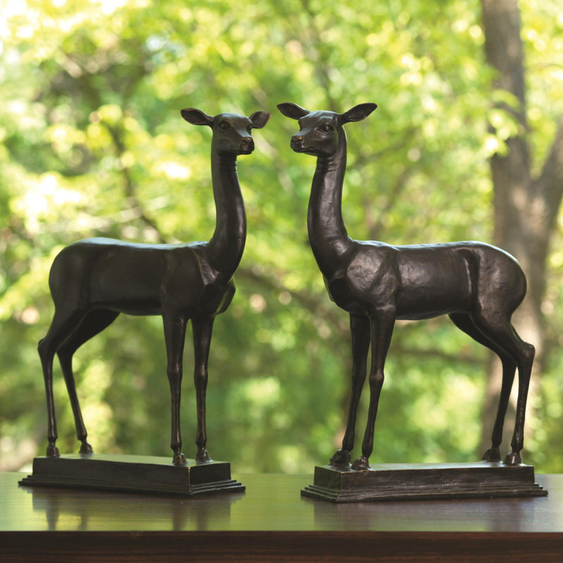 Natural Wood Fawn Sculpture Pair