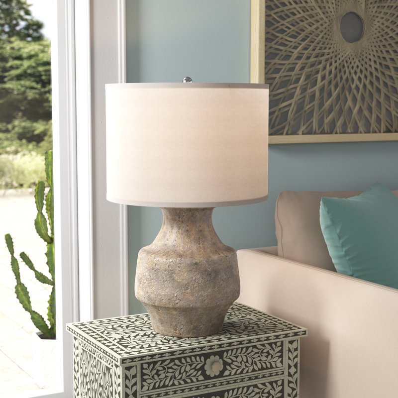 Aged Grey Ceramic Table Lamp with White Linen Shade