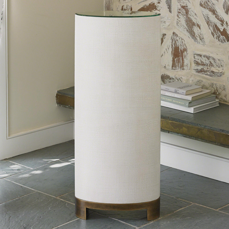 Antique Brass and Oak Round Mirrored Pedestal