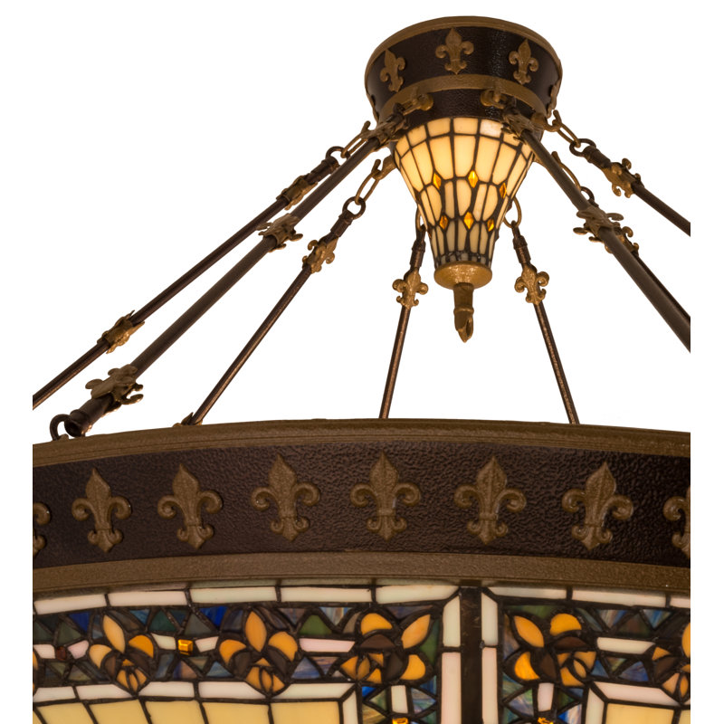 Majestic Fleur-de-Lis 36" Stained Glass Pendant in Mahogany Bronze