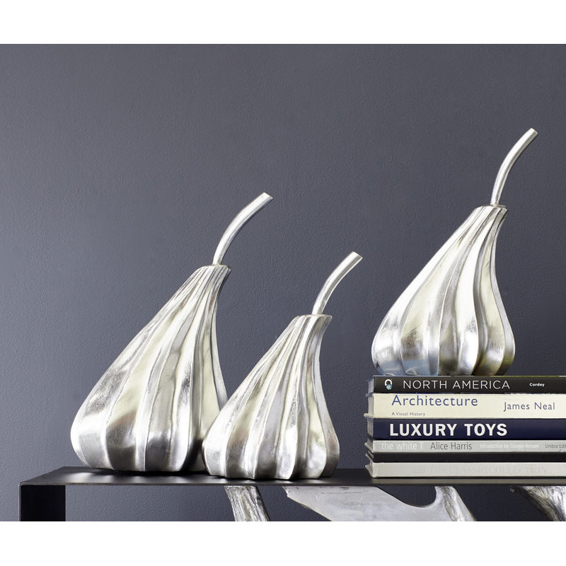 Handmade Silver Leaf Wood Pear Sculpture Set of 3