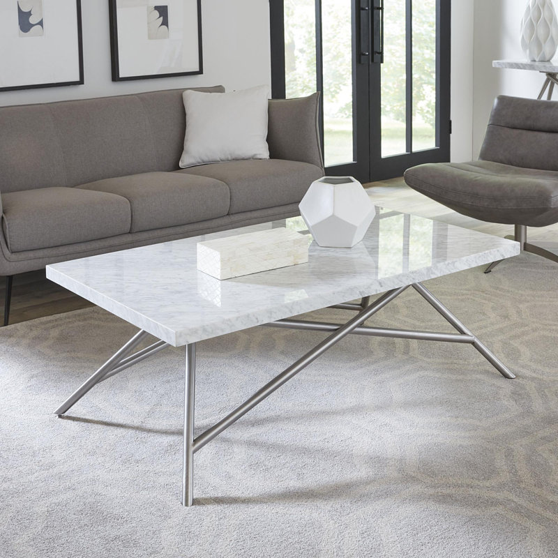 Modern White Marble Rectangular Coffee Table with Stainless Steel Base