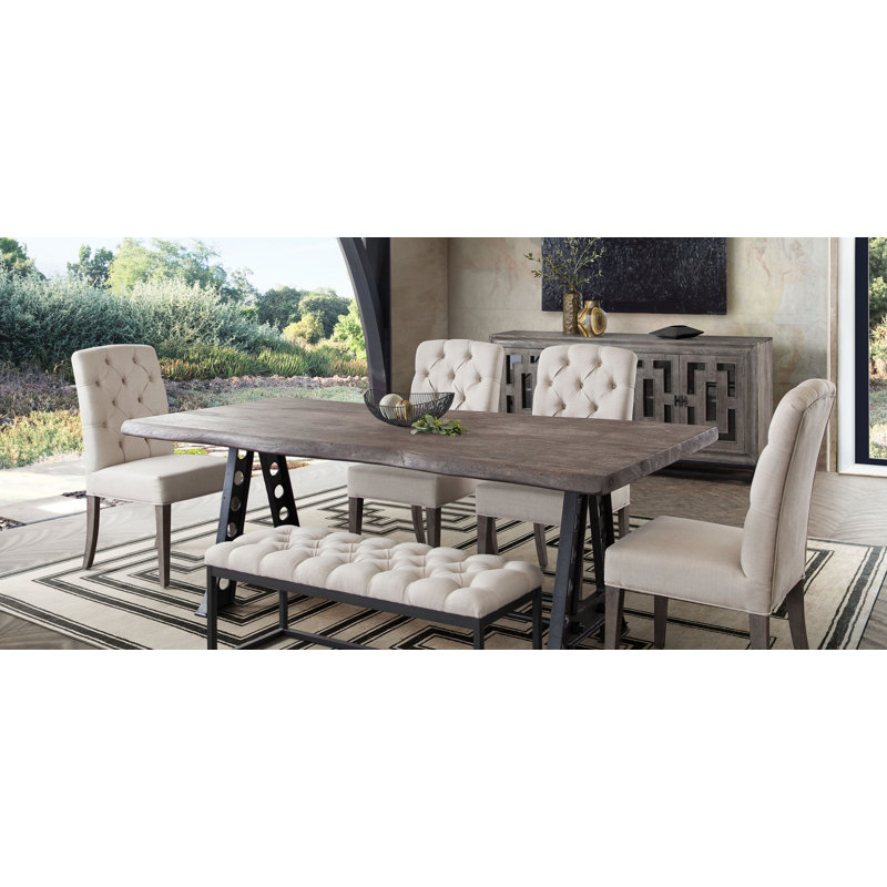 Gray Tufted Linen Upholstered Side Chair with Wood Legs