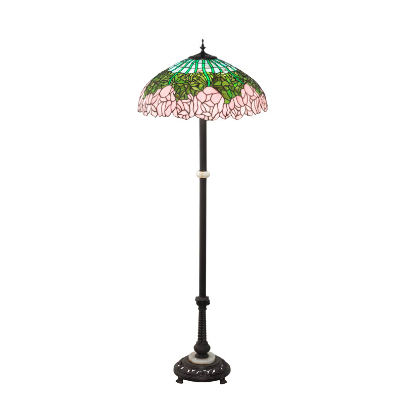 Passion Pink Green Stained Glass 3-Light Floor Lamp in Mahogany Bronze