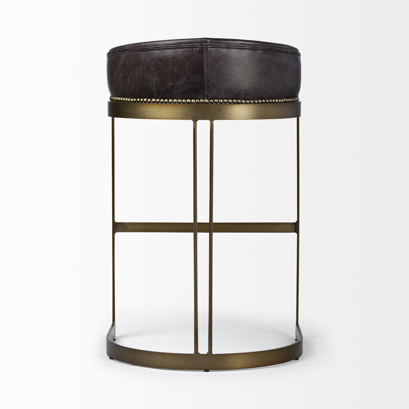 Hollyfield Black Leather and Brass Metal Bar Stool