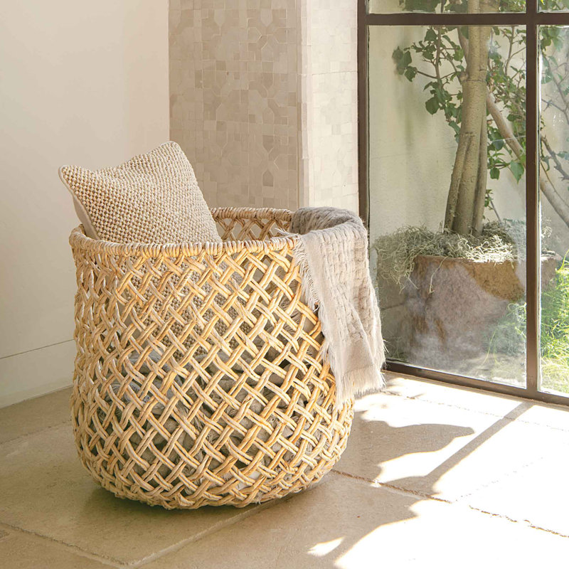 Bleached Wicker Round Storage Basket