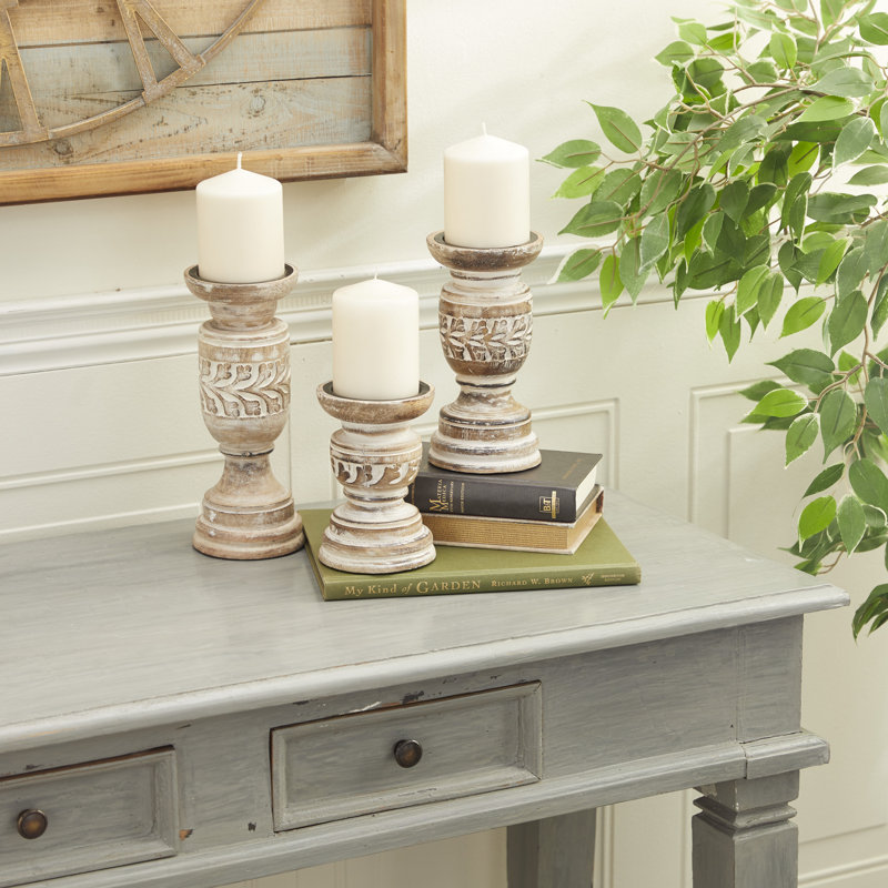 Distressed Light Brown Mango Wood Candle Holder Set
